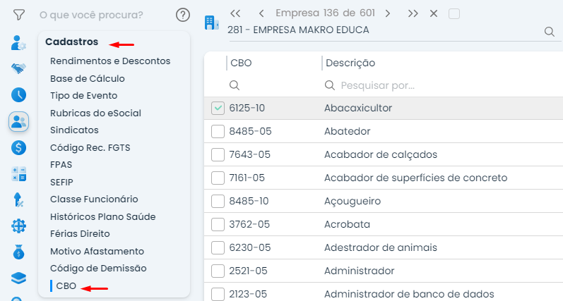 A imagem mostra a tela do sistema Makro no processo de Integração entre o Pessoal e o Contábil. A imagem mostra como inserir o código CBO.