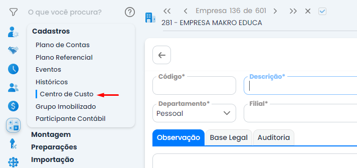 A imagem mostra a tela do sistema Makro no processo de Integração entre o Pessoal e o Contábil. Mostra como vincular corretamente os centros de custo