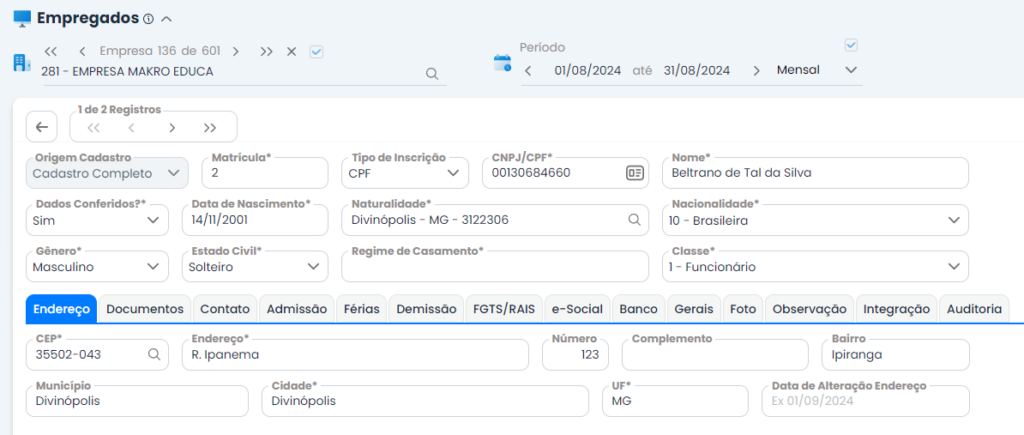 A imagem mostra a tela do sistema Makro no processo de Integração entre o Pessoal e o Contábil. Mostra como cacadastrar os empregados.