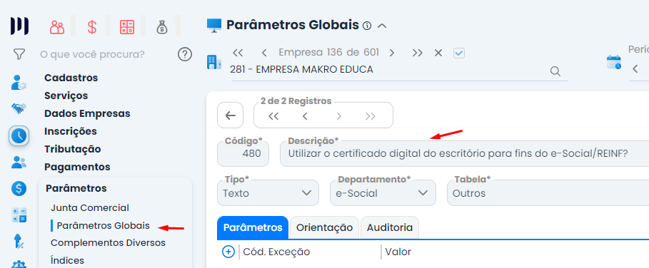 A imagem mostra a tela do sistema Makro no processo de Integração entre o Pessoal e o Contábil. Mostra como configurar os parâmetros globais.