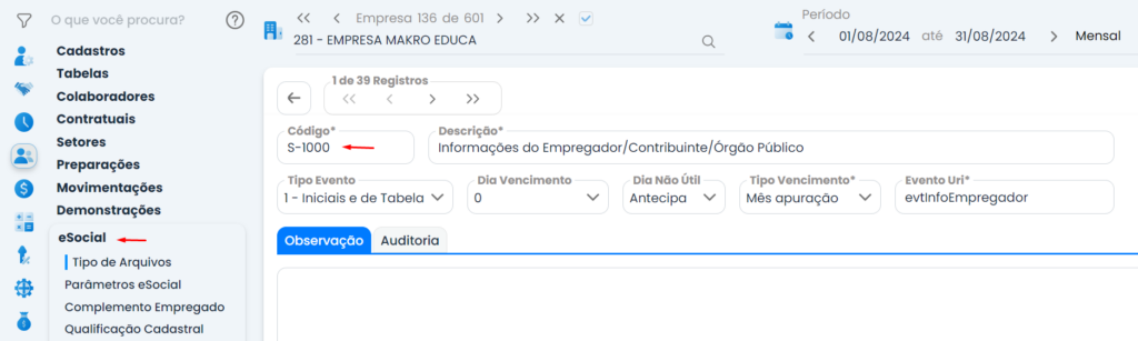 A imagem mostra a tela do sistema Makro no processo de Integração entre o Pessoal e o Contábil. Mostra como cadastrar corretamente o tipo de tributação da empresa para gerar o arquivo S-1000