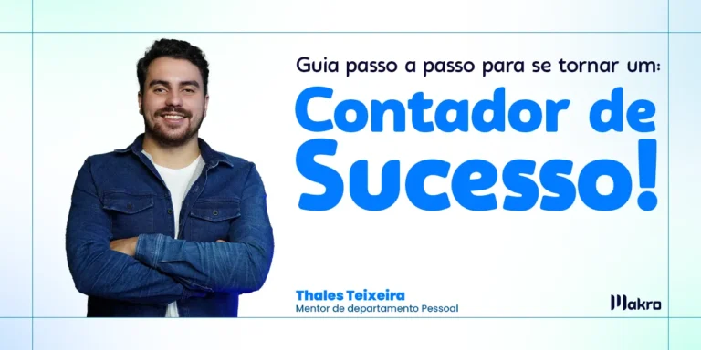 Thales Teixeira, do departamento pessoal, olha pra frente com os braços cruzados e sorrindo ao lado de um fundo branco com detalhes em azul e verde e o titulo e subtítulo em destaque.