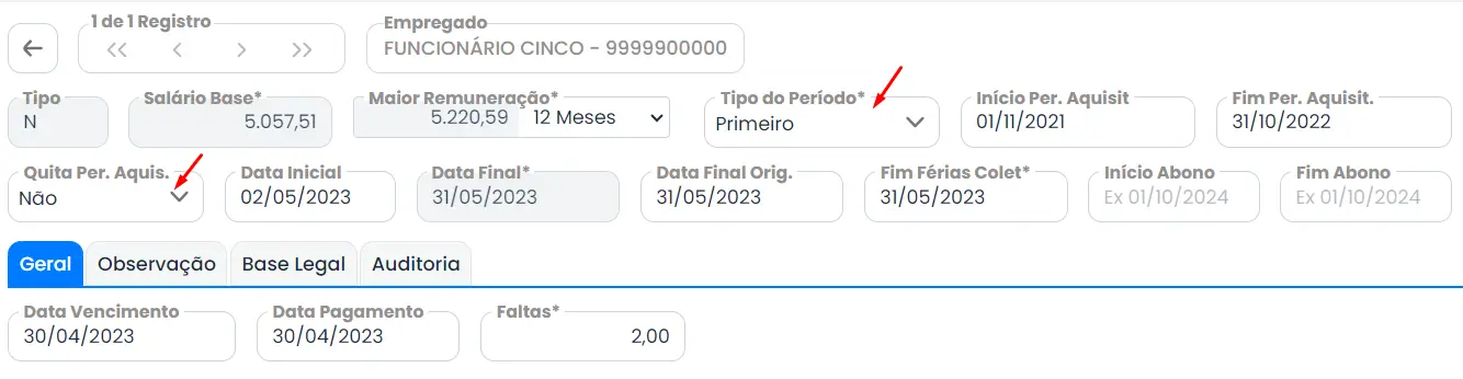 Vários campos para inserir as informações para gerar as férias fracionadas no Sistema Makro