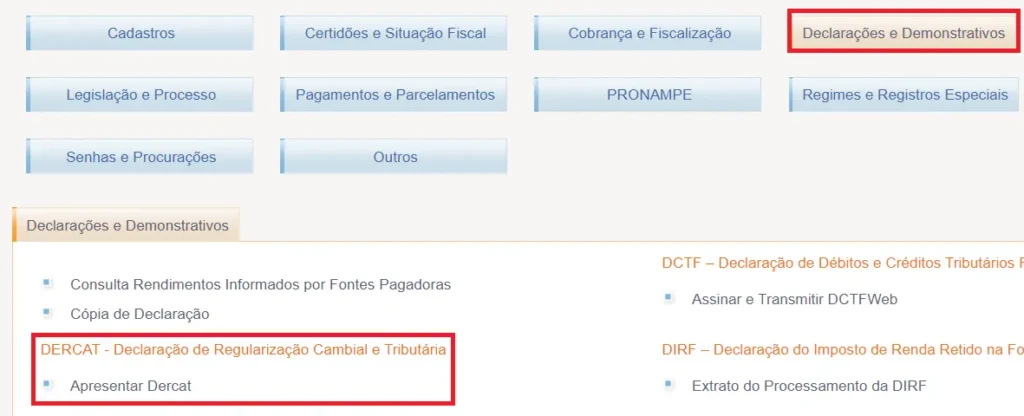 A imagem é um print do Portal e-Cac, mostrando onde regular bens e recursos.