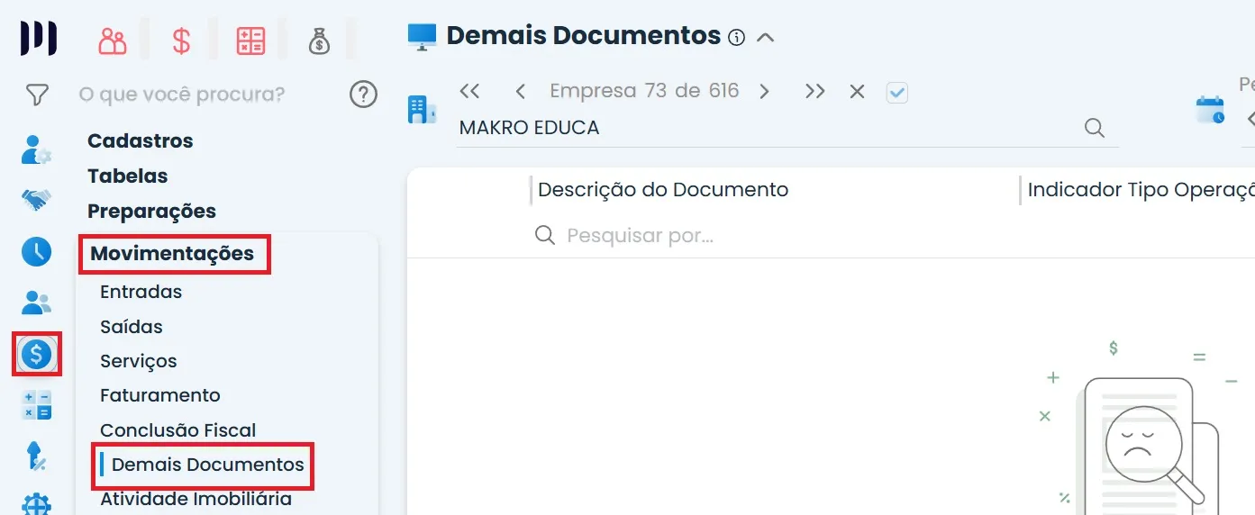 A imagem mostra um print do sistema makro mostrando como registrar documentos não provenientes de NF.