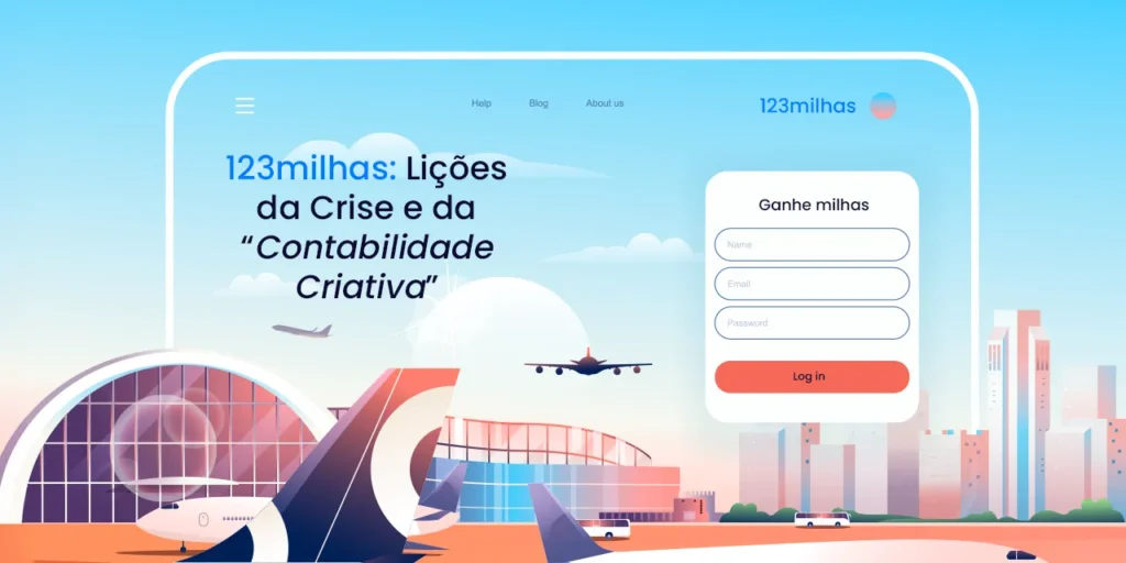 a imagem simula um site da 123milhas e na tela está escrito 123milhas: Licções da Crise e da "Contabilidade Criativa" uma critica ao colapso financeiro gerado pela prática contábil controversa.