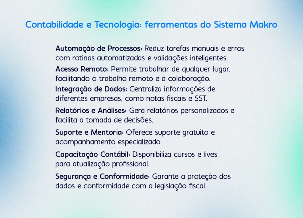 "Imagem com fundo em tons de azul e verde claro, contendo o título 'Contabilidade e Tecnologia: ferramentas do Sistema Makro' em azul destacado. Abaixo, há uma lista com sete tópicos, cada um começando com o título em negrito seguido de uma descrição