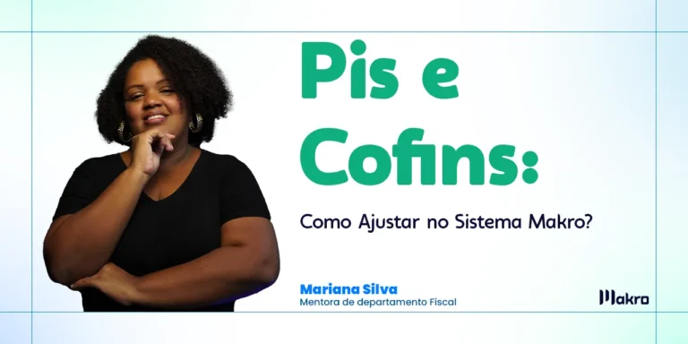 Mariana Silva mentora de departamento Fiscal, vestindo uma blusa preta com o braço apoiado segurando seu queixo ao lado do título "Pis e Cofins"