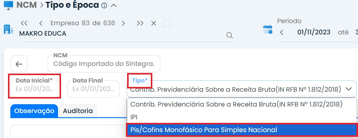 Passo a passo para definir PIS/Cofins Monofásico para empresas do Simples Nacional no Sistema Makro.