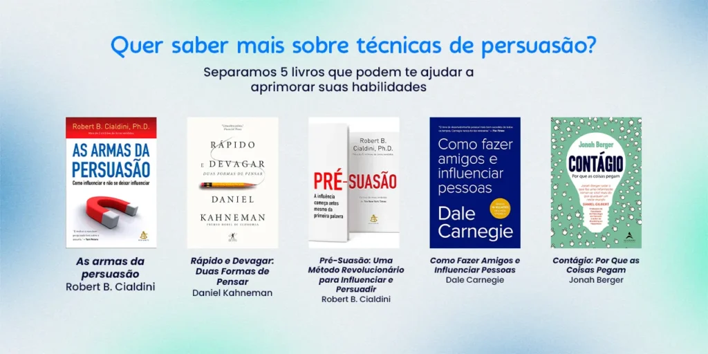 Imagem informativa onde mostra 5 livros para saber sobre técnicas de persuasão.