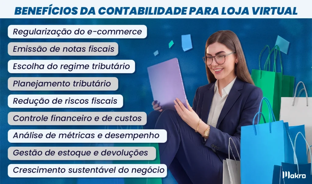imagem que mostra em tópicos os benefícios da contabilidade para loga virtual com a foto da gestora inteligente da makro trabalhando em um sistema contábil para ecommerce