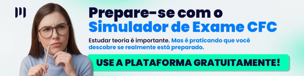 A Gi , gestora inteligente da makro com expressão de dúvida olhando para os dizeres: Prepare-se com o Simulador de Exame CFC, Estudar teoria é importante. Mas é praticando que você descobre se realmente está preparado. CTA: USE A PLATAFORMA GRATUITAMENTE!