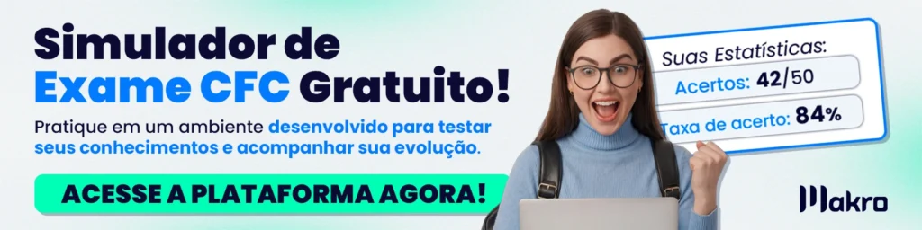 A Gi , gestora inteligente da makro comemorando ao lado dos dizeres: Simulador de Exame CFC Gratuito! Pratique em um ambiente desenvolvido para testar seus conhecimentos e acompanhar sua evolução. CTA: ACESSE A PLATAFORMA AGORA!