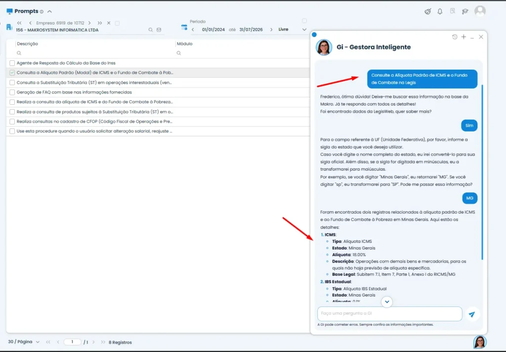 Consulta de informações da LegisWeb realizada no sistema Makro por meio da GI - Gestora Inteligente, exibindo dados sobre alíquota de ICMS e base legal.