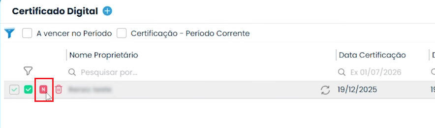 Configuração do Makro DFE e DSE: O N em vermelho indica que a empresa não está cadastrada e vinculada ao buscador de notas.