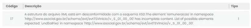 Erro 17 esocial no evento S-2200 sobre o XML incompatível com o esquema XSD