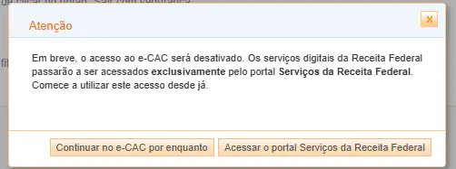 Desativação do e-CAC: aviso da Receita Federal sobre migração para o Portal de Serviços.