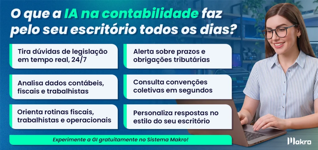 Ilustração sobre IA na contabilidade mostrando uma profissional em escritório e benefícios como tirar dúvidas de legislação, alertar prazos tributários, analisar dados contábeis, consultar convenções coletivas e orientar rotinas fiscais e trabalhistas.